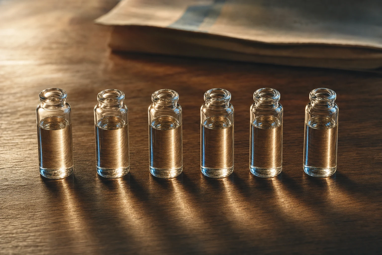Supplier paperwork, sample vials and trade documents laid out for side-by-side comparison.
